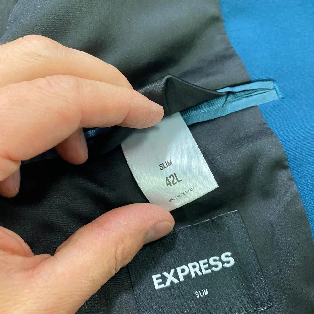 Express Suit 42L 34W Slim Fit 2-Piece Cotton Blend Stretch Teal Blue Modern